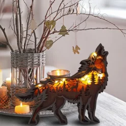 Wooden Animal Ornaments Led Light 3D Hollow Carving Home Room Decor Figurines Crafts Office Desk Bedroom Decoration Accessories