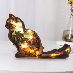Wooden Animal Ornaments Led Light 3D Hollow Carving Home Room Decor Figurines Crafts Office Desk Bedroom Decoration Accessories