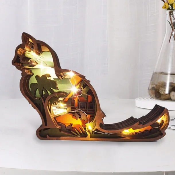 Wooden Animal Ornaments Led Light 3D Hollow Carving Home Room Decor Figurines Crafts Office Desk Bedroom Decoration Accessories