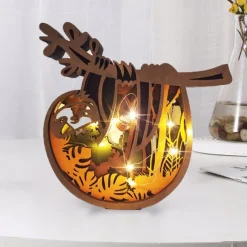 Wooden Animal Ornaments Led Light 3D Hollow Carving Home Room Decor Figurines Crafts Office Desk Bedroom Decoration Accessories