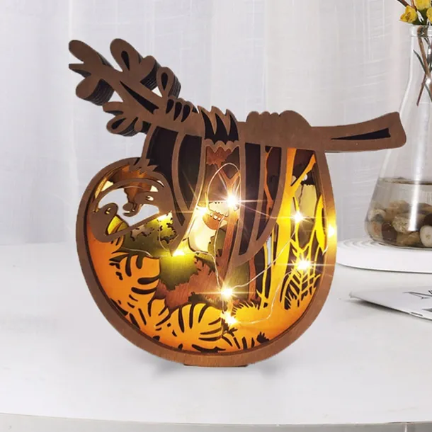 Wooden Animal Ornaments Led Light 3D Hollow Carving Home Room Decor Figurines Crafts Office Desk Bedroom Decoration Accessories
