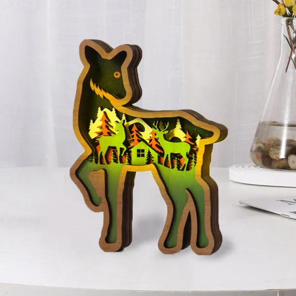 Wooden Animal Ornaments Led Light 3D Hollow Carving Home Room Decor Figurines Crafts Office Desk Bedroom Decoration Accessories