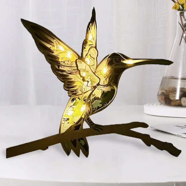 Wooden Animal Ornaments Led Light 3D Hollow Carving Home Room Decor Figurines Crafts Office Desk Bedroom Decoration Accessories