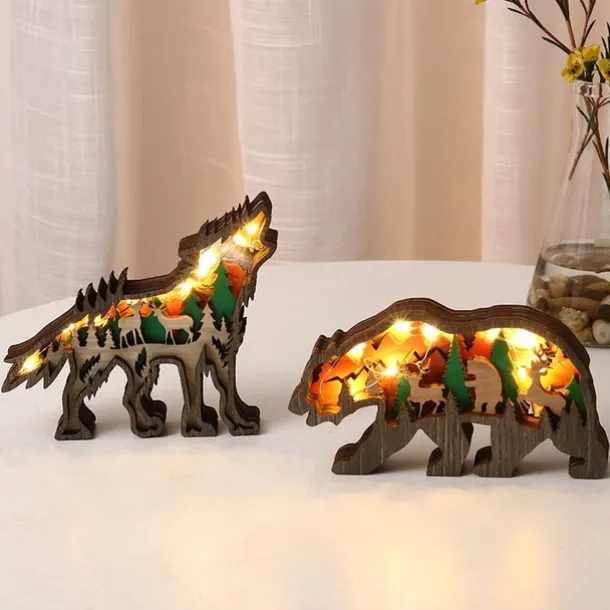 Wooden Animal Ornaments Led Light 3D Hollow Carving Home Room Decor Figurines Crafts Office Desk Bedroom Decoration Accessories
