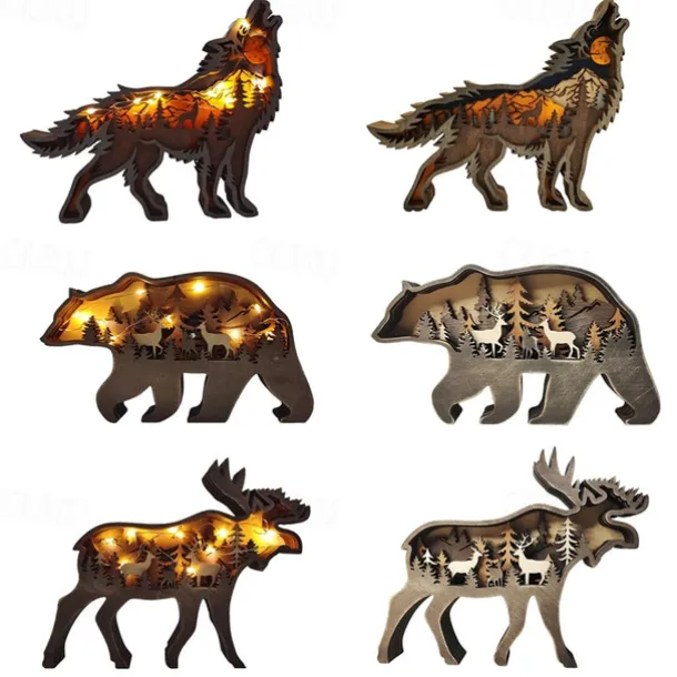 Wooden Animal Ornaments Led Light 3D Hollow Carving Home Room Decor Figurines Crafts Office Desk Bedroom Decoration Accessories