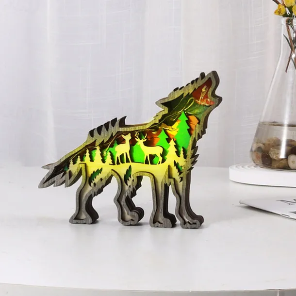 Wooden Animal Ornaments Led Light 3D Hollow Carving Home Room Decor Figurines Crafts Office Desk Bedroom Decoration Accessories