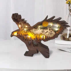 Wooden Animal Ornaments Led Light 3D Hollow Carving Home Room Decor Figurines Crafts Office Desk Bedroom Decoration Accessories