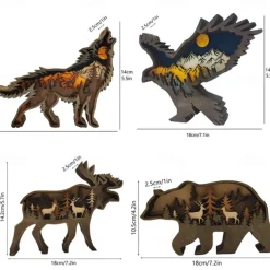 Wooden Animal Wolf Statue Creativity Wolf Totem Office Home Decorate Crafts North Forest Elk Brown Bear Ornaments
