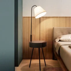 Wooden Floor Lamp LED with Table, Modern Tripod Floor Lamp Dimmable with Remote Control, E27 Bedside Lamp Bedroom with Wooden Drawer Shelf for Living Room, Reading Lamp, Office, Children's 110-240V