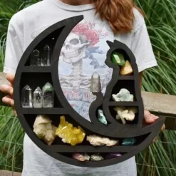 Wooden Moon Shelf, Durable Pine Floating Shelves Engraved Moon Design Shelf for Crystal Essential Oil Display Home Decor-Heart