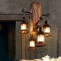 Wooden Retro Chandelier Industrial Retro Chandelier Black Metal Bedroom Dining Room Suspension Lantern Frame with Glass Shade House Loft Bar Coffee Decoration Chandelier Accessories, E27