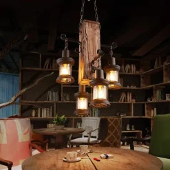Wooden Retro Chandelier Industrial Retro Chandelier Black Metal Bedroom Dining Room Suspension Lantern Frame with Glass Shade House Loft Bar Coffee Decoration Chandelier Accessories, E27