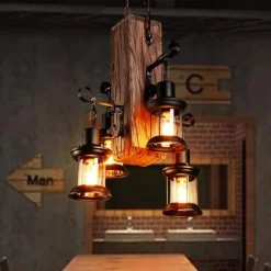 Wooden Retro Chandelier Industrial Retro Chandelier Black Metal Bedroom Dining Room Suspension Lantern Frame with Glass Shade House Loft Bar Coffee Decoration Chandelier Accessories, E27