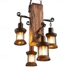 Wooden Retro Chandelier Industrial Retro Chandelier Black Metal Bedroom Dining Room Suspension Lantern Frame with Glass Shade House Loft Bar Coffee Decoration Chandelier Accessories, E27