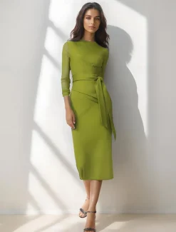 Wrap Dress Jersey Mermaid / Trumpet Cocktail Dresses Elegant Dress Formal Semi Formal Wedding Tea Length Long Sleeve Crew Neck Jersey with Bow(s)