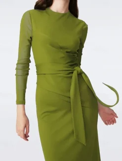 Wrap Dress Jersey Mermaid / Trumpet Cocktail Dresses Elegant Dress Formal Semi Formal Wedding Tea Length Long Sleeve Crew Neck Jersey with Bow(s)