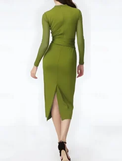 Wrap Dress Jersey Mermaid / Trumpet Cocktail Dresses Elegant Dress Formal Semi Formal Wedding Tea Length Long Sleeve Crew Neck Jersey with Bow(s)