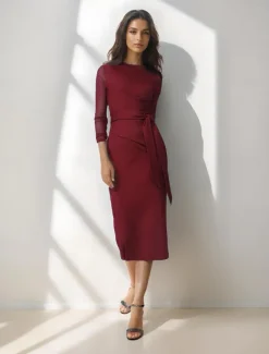 Wrap Dress Jersey Mermaid / Trumpet Cocktail Dresses Elegant Dress Formal Semi Formal Wedding Tea Length Long Sleeve Crew Neck Jersey with Bow(s)