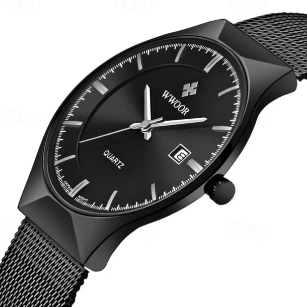 WWOOR Business Men Luxury Watches Mesh Strap Ultra Thin Quartz Men Wrsit Watch Waterproof Auto Date Male Clock