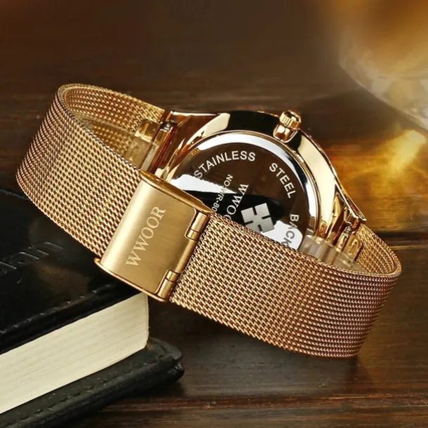 WWOOR Business Men Luxury Watches Mesh Strap Ultra Thin Quartz Men Wrsit Watch Waterproof Auto Date Male Clock