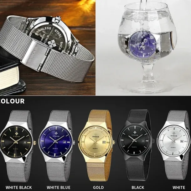 WWOOR Business Men Luxury Watches Mesh Strap Ultra Thin Quartz Men Wrsit Watch Waterproof Auto Date Male Clock