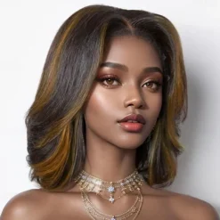 13x4 Bob Wig Human Hair Lace Front Wigs for Black Women Lace Brown Blonde Highlights Wigs Pre Plucked 200% Density Wigs Human Hair Loose Body Wave Short Bob Wig Brazilian