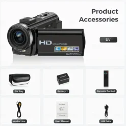 16X Digital Zoom Ultra HD 30FPS Digital Video Camera Camcorder with 3inch IPS 270 Degrees Rotation Screen Remote Control and 1500mah Battery for Vlogging