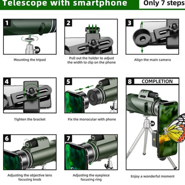 50x60 Monocular Telescope Phone Camera Waterproof Monocular Focus with Single Hand Clear Low Light Night Vision for Star Watching Ball Games Sightseeing Travel Camping Hiking Smartphone Adapter