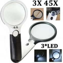 3X 45X Lenses Magnifier 3 LED Light Handheld Reading Magnifying Glass Lens Jewelry Watch Loupe Reading Lens Magnification Aid,Reading Magnifier For The Elderly