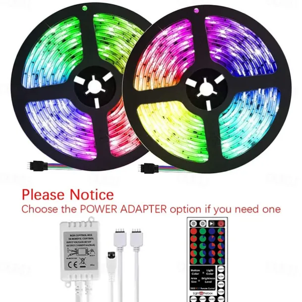 (2x5M)10M 32.8ft LED Light Strips RGB TV Backlight Bedroom Kitchen Christmas DIY Decor 2835 600SMD Color Changing with 44 Key IR Remote Home Kitchen DC 12V