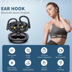 YYK580 Bluetooth5.2 Headphones HD Calls 120Hrs Playtime Wireless Earbuds with Charging Case Wireless IPX7 Waterproof Ear Buds Touch Control Over-Ear Earphones with Earhooks for Sports Running Work Gaming